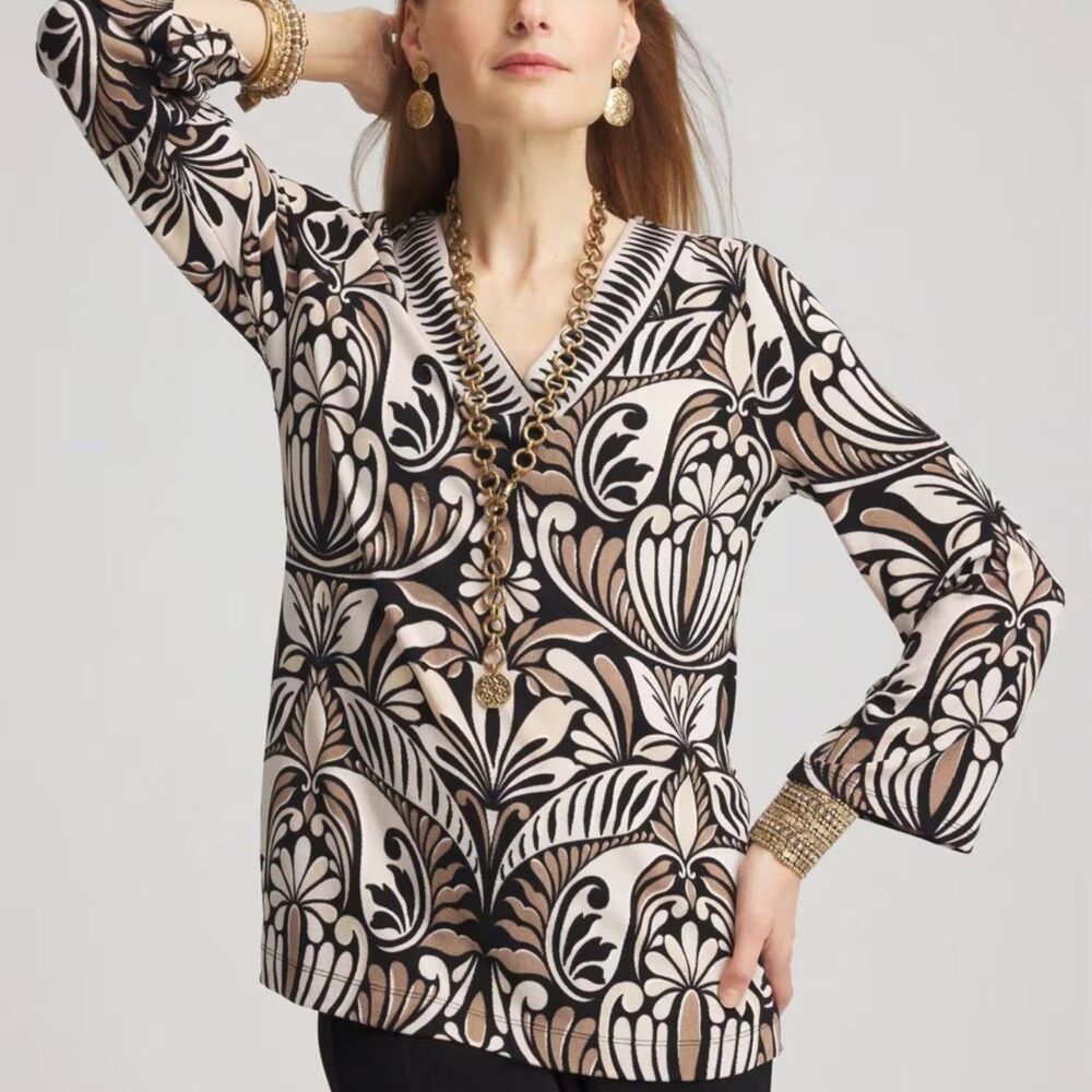 Chico's Travelers Slinky Top Size 3 XL Black Tan Floral Damask V-Neck NWT